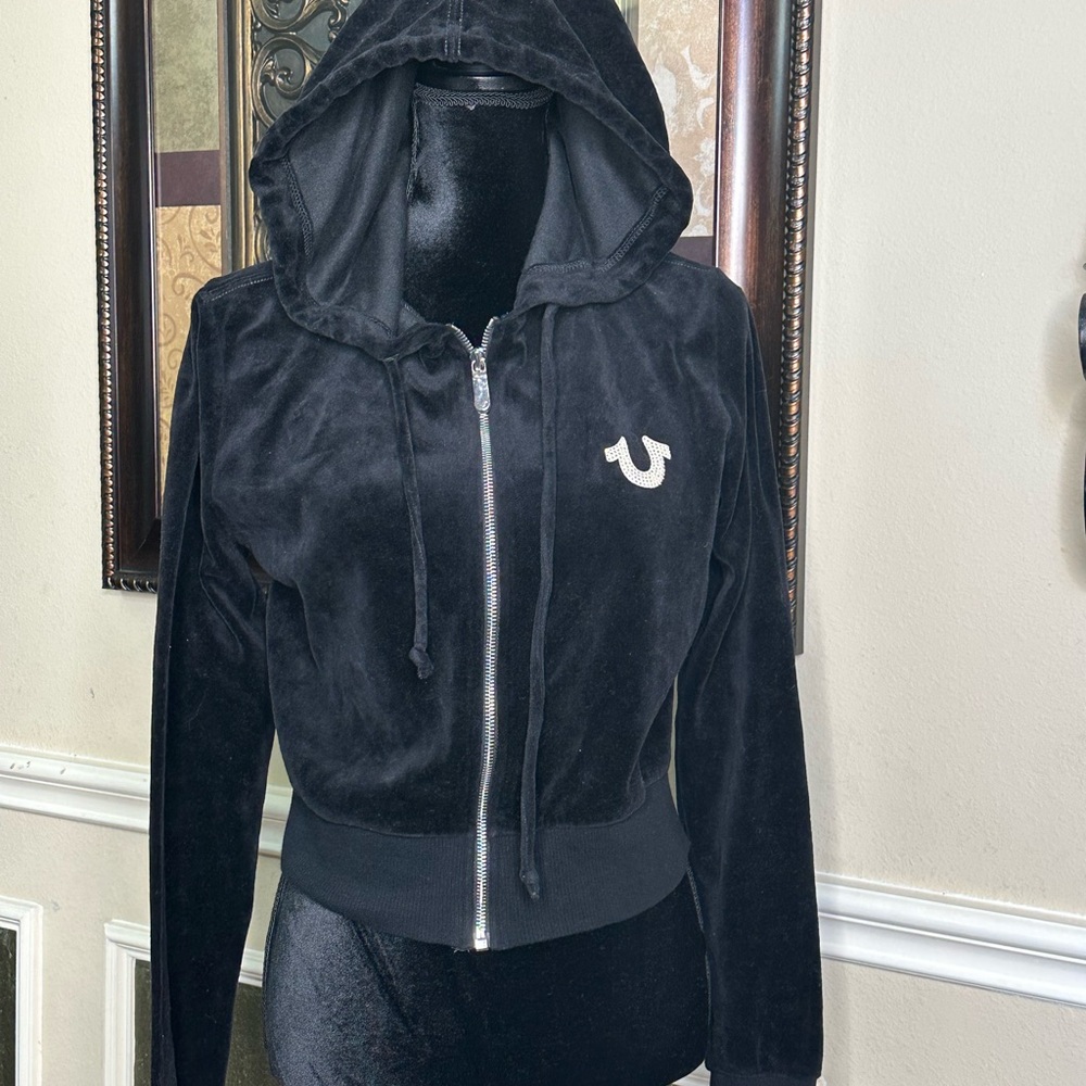 True Religion Black Velour Zip-Up Hoodie – Size L